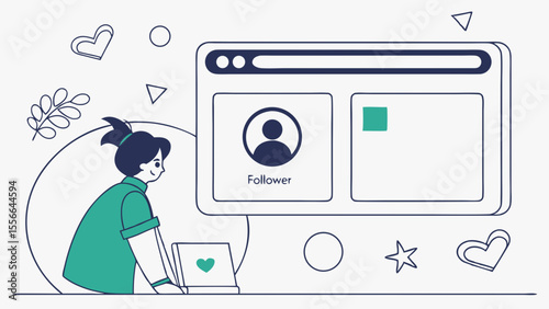 Digital follower interaction on social media. Young woman using laptop with online profile and content, flat illustration concept.