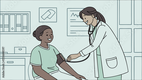 Doctor measures patient's blood pressure during medical check-up. Healthcare, wellness, and routine clinic visit illustration.