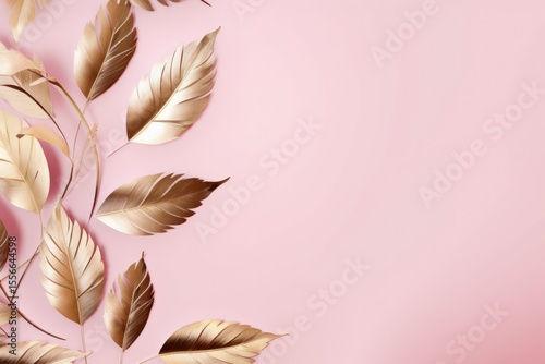 gold brown leaves pink background with copy space
