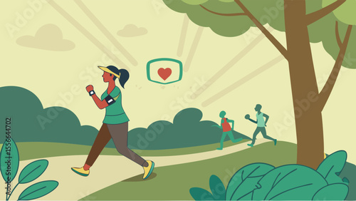 Outdoor fitness: Woman jogging in park with heart health monitor icon. Healthy lifestyle and exercise illustration.