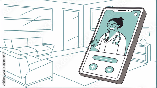 Telehealth consultation with a smiling female doctor on a smartphone, virtual medical appointment from home