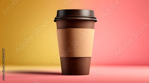 Coffee cup with brown sleeve on a two tone background of yellow and pink colors