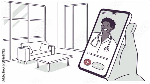 Online doctor consultation via smartphone. Telehealth app with a smiling physician for remote medical advice in a modern setting.