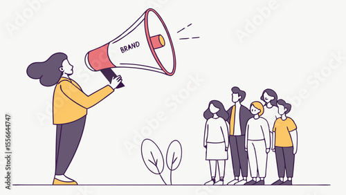 Brand promotion illustration: Woman with megaphone speaks to a diverse audience, symbolizing marketing, public relations, and awareness campaign