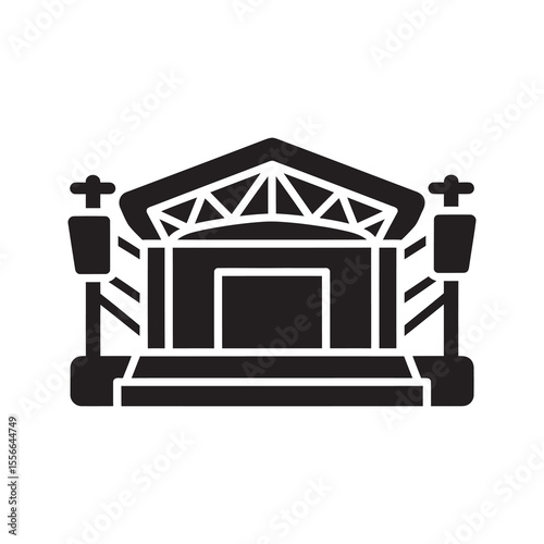 Concert stage solid glyph icon for music festival live performance and entertainment event open air show with sound system and lighting