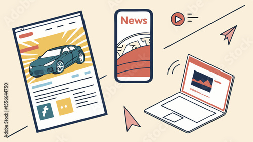 Digital Media & Online Communication: Webpage, Smartphone News, Laptop Data, Video, and Sharing Icons for Content Delivery