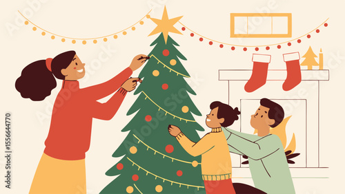 Family Decorating Christmas Tree. Mother and Kids Prepare for Holidays with Ornaments. Festive Home Scene.