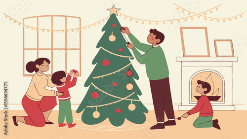 Family Decorating Christmas Tree at Home, Festive Holiday Season Celebration Illustration