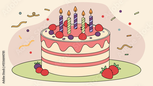 Colorful birthday cake with lit candles, fresh berries, and festive confetti. Sweet celebration dessert illustration for parties and events.