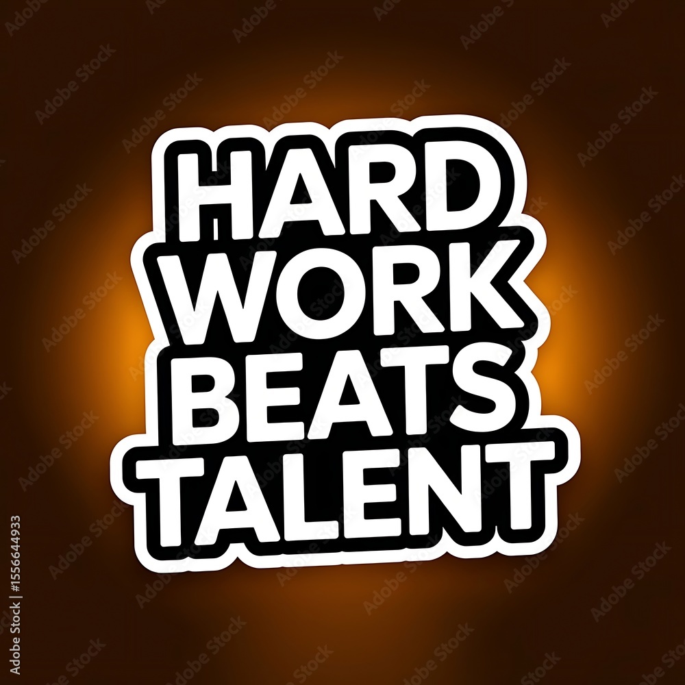 Obraz premium Hard Work Beats Talent—boxing gloves hitting “talent” label, with thick white sticker-style outline around the design, solid black background, high contrast, centered composition
