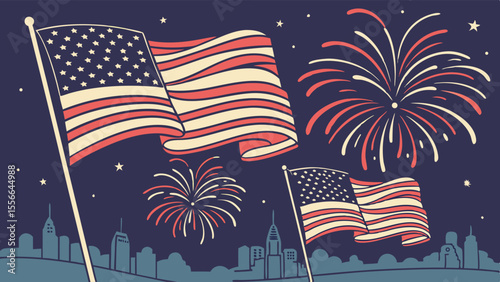 Independence Day Celebration with Fireworks and American Flags.