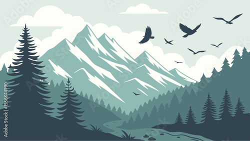 Serene mountain landscape with forest and flying birds.
