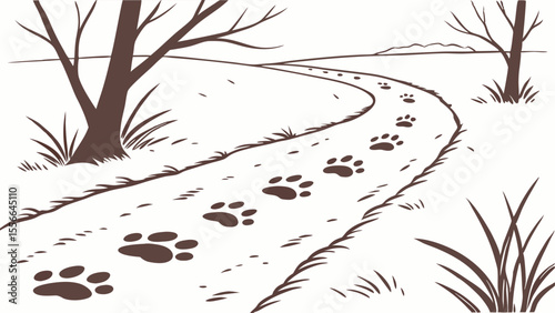 Paw Prints on Winding Winter Path Illustration. Animal Footprints in Snow with Bare Trees.