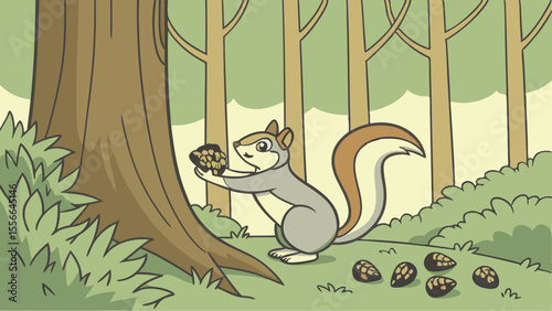 Cartoon Squirrel with Pinecones in Forest. Woodland Animal Gathering Food Illustration.