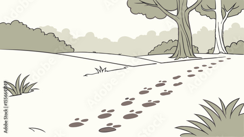 Cartoon illustration: Animal paw prints on a path through a sepia-toned natural landscape with trees, journey concept