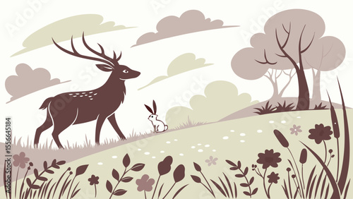 Peaceful forest landscape illustration with deer and rabbit. Wildlife scene on a hill with trees, plants, and clouds.