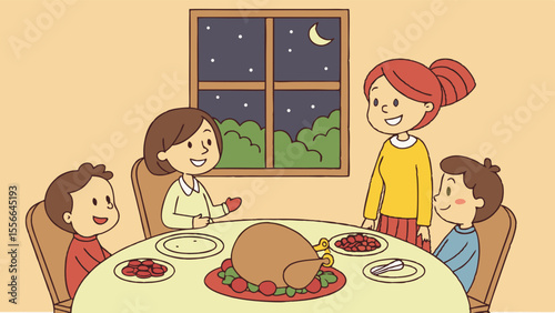 Happy family enjoying festive turkey dinner at home on a cozy evening. Flat illustration of parents and children eating together.