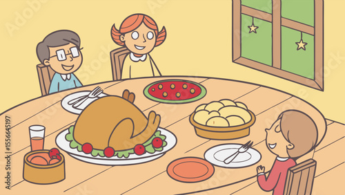 Happy Family Enjoying Festive Holiday Dinner with Roasted Turkey Illustration