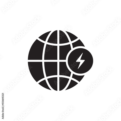 Global energy solid glyph icon with globe and lightning bolt for worldwide electricity supply international power grid and green technology