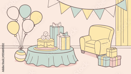 Cute Pastel Birthday Party Scene Illustration with Cake, Presents, and Balloons