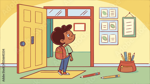 Smiling schoolboy with backpack standing in classroom doorway, ready for learning. Back to school illustration.