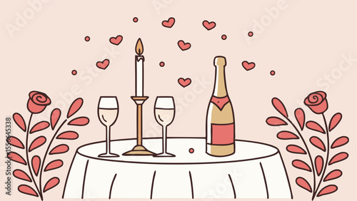 Romantic Dinner Date Illustration with Champagne, Candle, and Roses on a Table