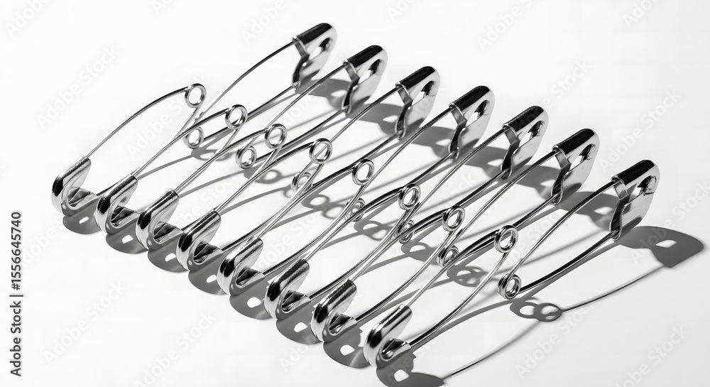 Fototapeta premium A row of shiny silver safety pins arranged diagonally on a clean white background with dramatic shadows cast by studio lighting