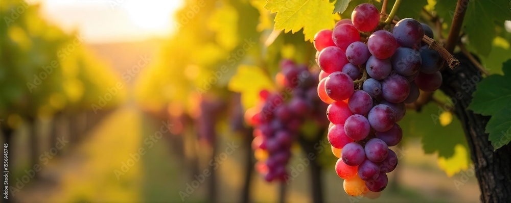Naklejka premium Sunlit Autumn Grapes Hanging Heavy on the Vine, Ready for Harvest in a Picturesque Vineyard