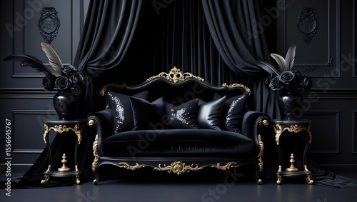 Luxury Living: A sumptuously ornate, velvet sofa reigns in a sophisticated living space, radiating elegance alongside decorative tables and opulent curtains.