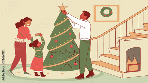 Joyful family decorating Christmas tree at home, placing a star topper. Festive holiday season scene with parents and child.