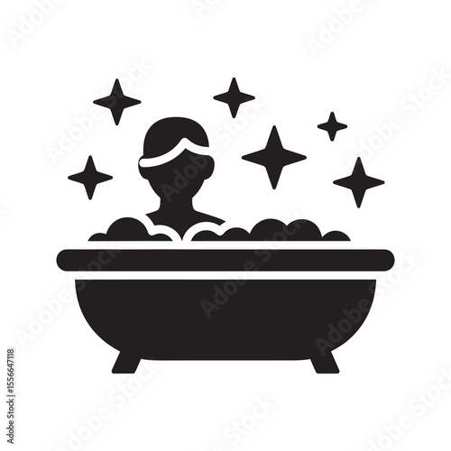 Person bathing in bathtub solid glyph icon for personal hygiene and relaxation home spa concept with clean water and refreshing bathroom routine vector