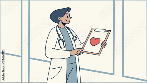 Smiling Doctor Holding Heart Clipboard - Medical Health Care Illustration