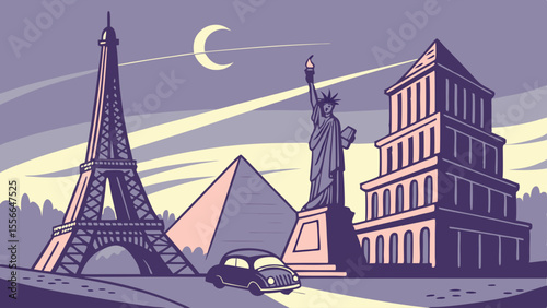 Famous landmarks from around the world in a stylized illustration.