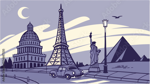 Illustration of famous landmarks from around the world in a monochromatic color scheme.