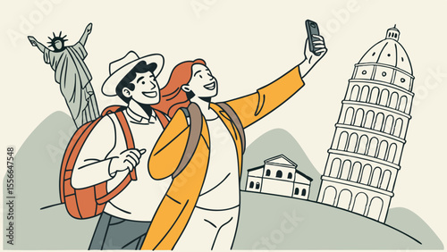 Two travelers taking a selfie together in front of famous landmarks.