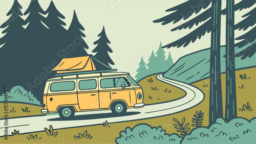 Yellow van driving on a winding road through a forest with a rooftop tent.