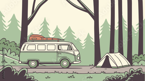 Green van parked beside a tent in a serene forest.