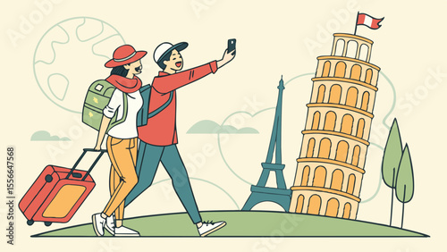 Couple taking a selfie while traveling to famous landmarks.