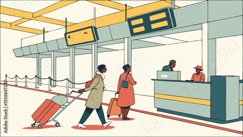 Couple checking in at airport terminal with luggage.