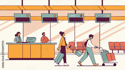 Airport Check-in Counter with Travelers and Staff.