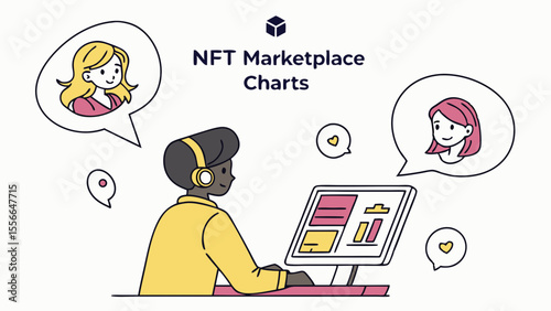 Person analyzing NFT marketplace charts on computer with speech bubbles.