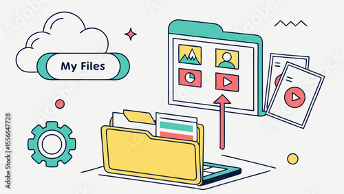 Digital file management and organization concept with cloud storage.