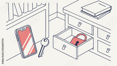 Illustration of a smartphone and key next to an open drawer with a padlock inside.