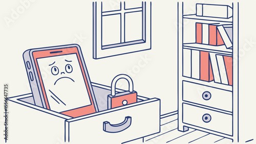 Locked tablet in a drawer with a frowning face, indicating security and privacy concerns.