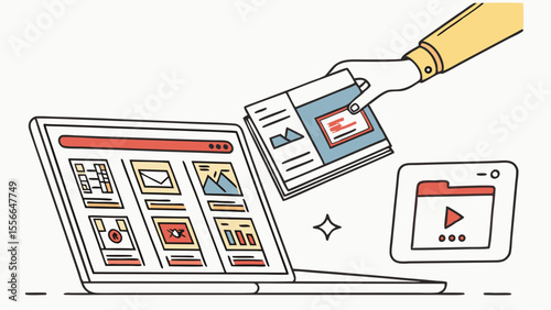 Digital content creation on a laptop with multimedia elements.