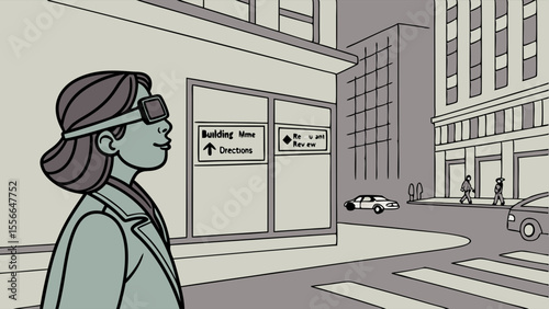 Woman walking down the street in a city with buildings and cars.