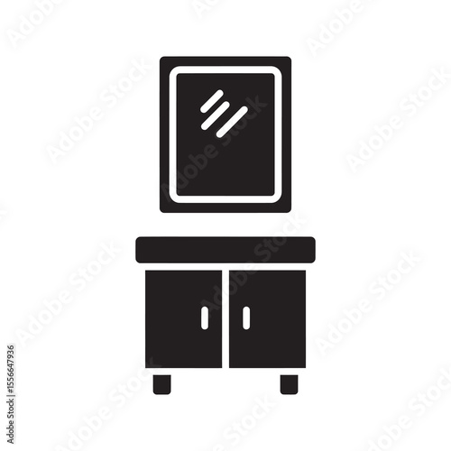 Bathroom vanity with mirror solid glyph icon for home interior furniture and personal grooming station with sink cabinet and reflection vector