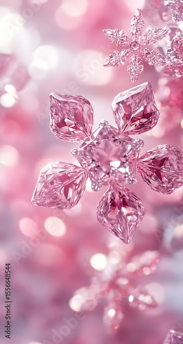 A detailed close-up of a sparkling pink diamond shaped like a snowflake, featuring intricate facets, radiant reflections, and crystal-clear brilliance.