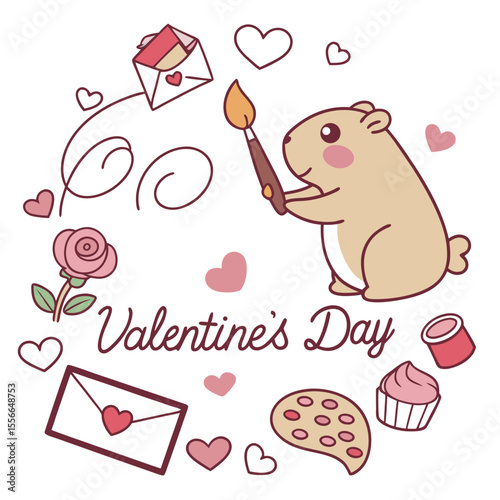 Playful Capybara with holding a paintbrush, set in a charming Valentine's Day theme – Valentine Blush color vector art