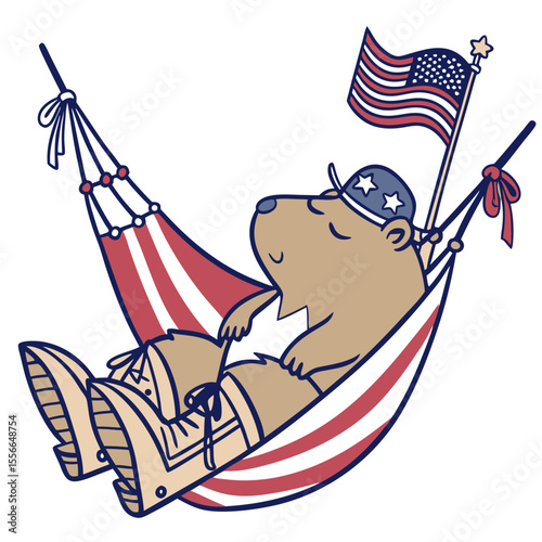 Cute Peaceful Capybara, accessorized with in a hammock, in a Veterans Day world – Brave Honor palette vector